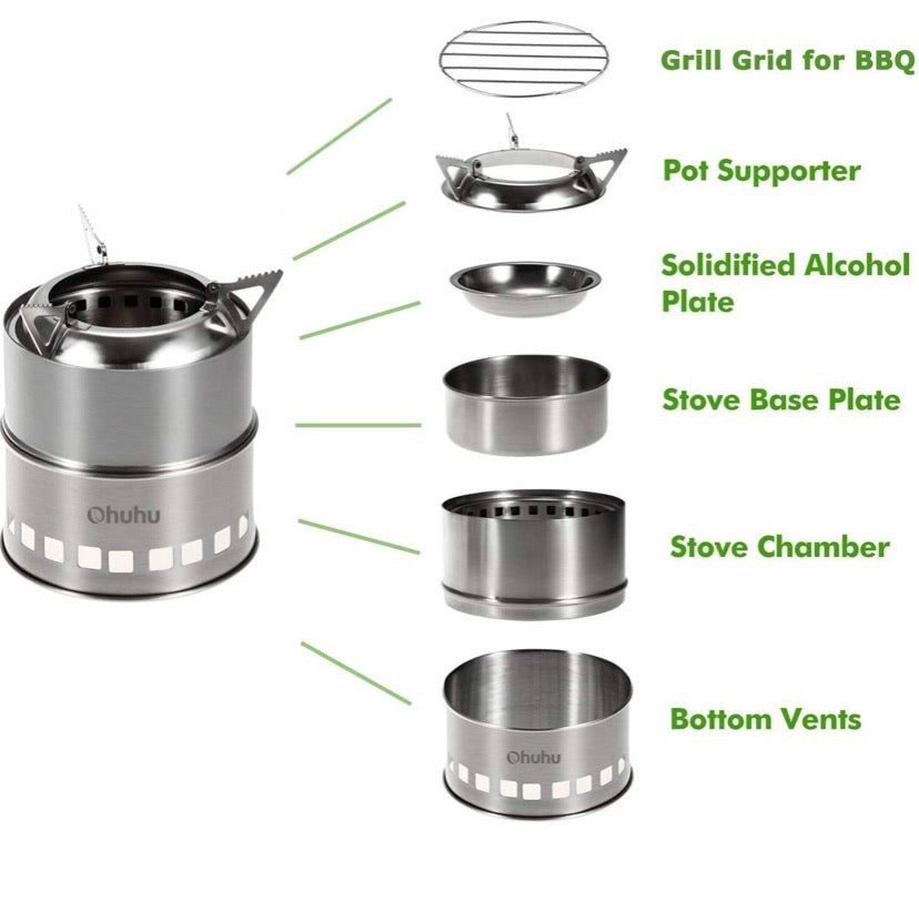 Camping Stove Backpacking Burner Stove - Potable Stainless Steel Wood Burning Stove Picnic BBQ Camping Cooker with Grill Grid