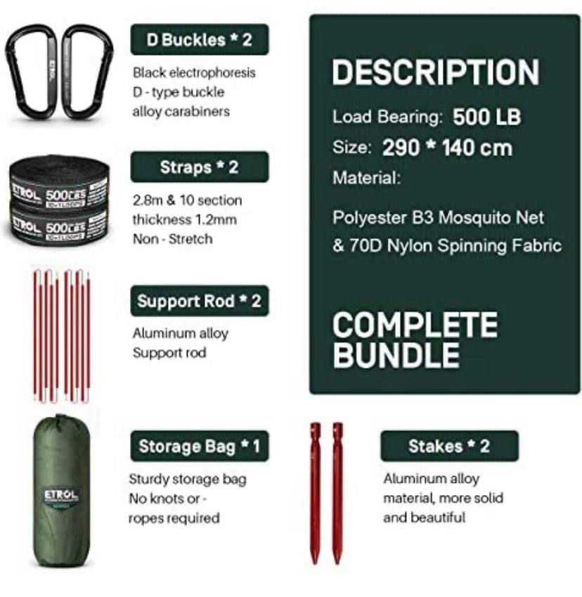 ETROL Hammock, Upgrade Double & Single Camping Hammock with Mosquito Net, Tree Straps, Hook, 3 in 1 Function Design Aluminium Parachute Portable Hammocks for Indoor, Outdoor, Hiking, Patio, Travel