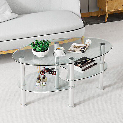 Oval Coffee Table 3-Tier Tempered Glass & Chrome Base Clear Living Room