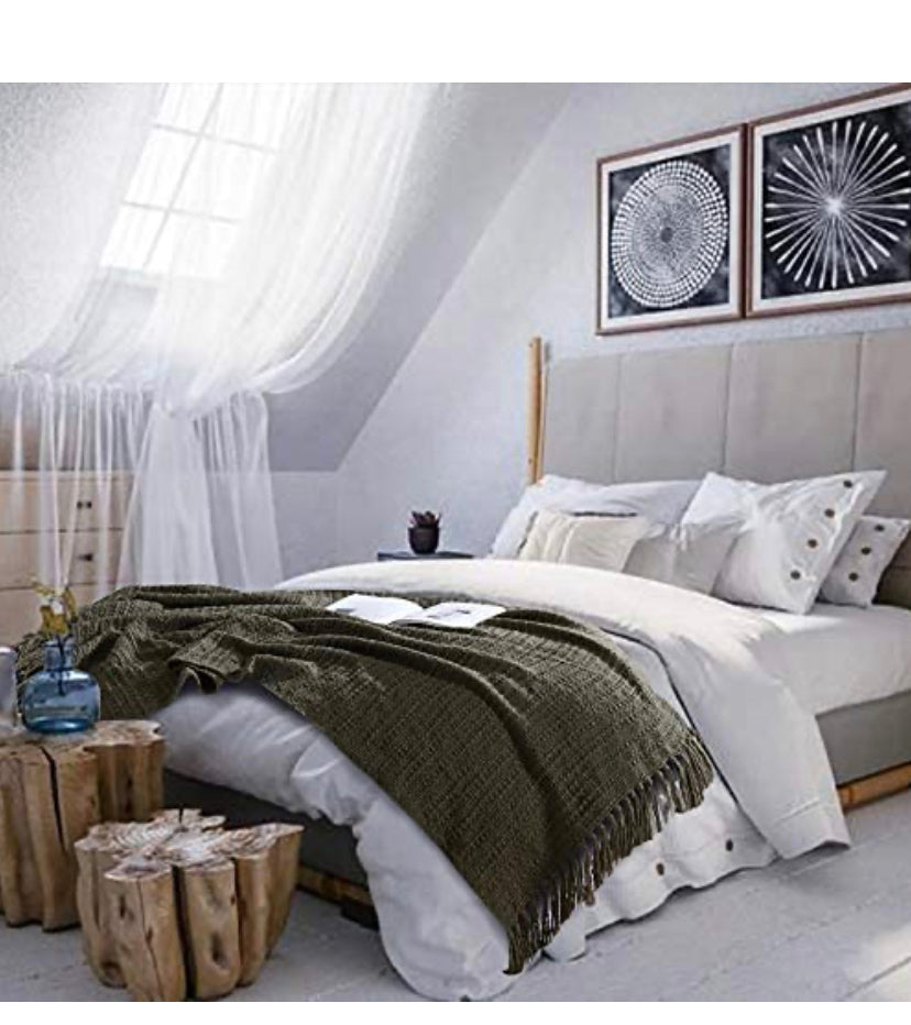 Thick Chunky Olive Knitted Throw Blanket for Couch Chair Sofa Bed, Chic Boho Style Textured Basket Weave Pattern Blanket with Decorative Fringe, 50"X60"