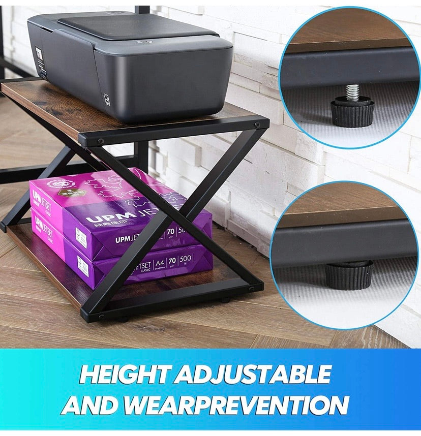 Desktop Printer Stand 2 Tiers Desk Organizer Storage Wood X-Shaped Book Shelf with Skid Pads for Home Office & School