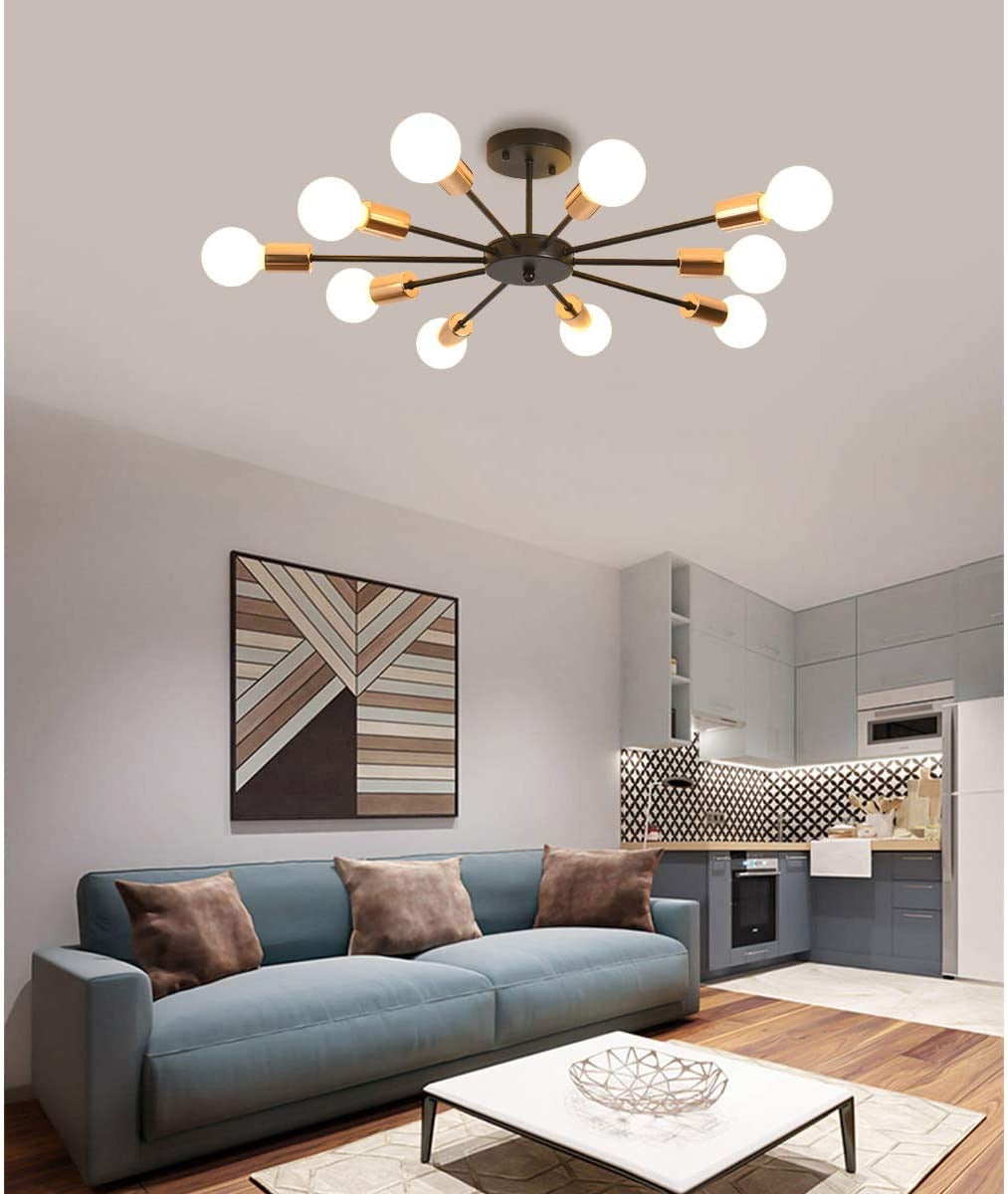 Semi Flush Mount Ceiling Light,10-Light E27 Base Modern Black Sputnik Chandelier,Industrial Ceiling Lamp Fixture for Kitchen Farmhouse Living Room Dining Room