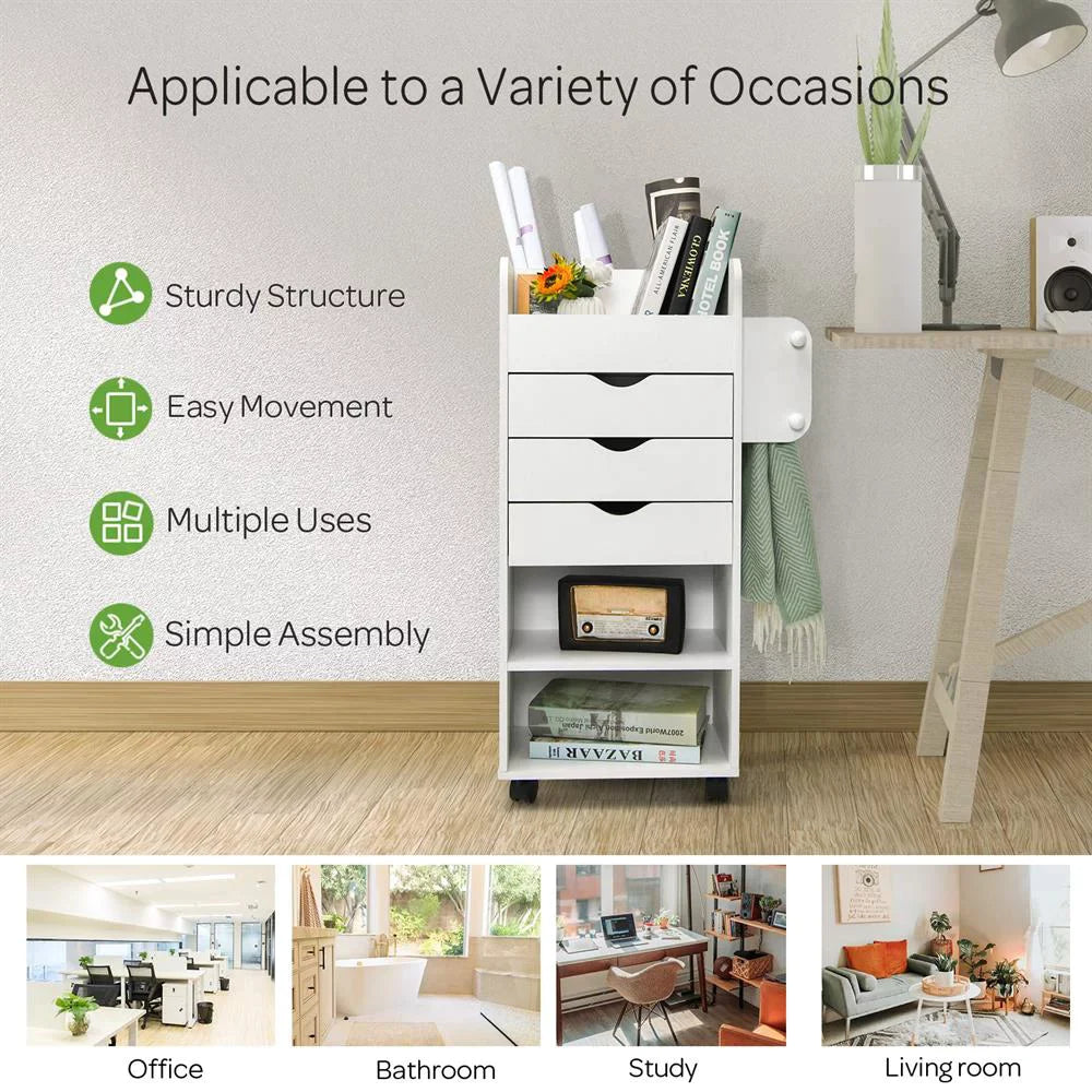 Mobile Trolley Cart 6-Tier Wood Storage Beside Table w/ Drawers Bathroom White