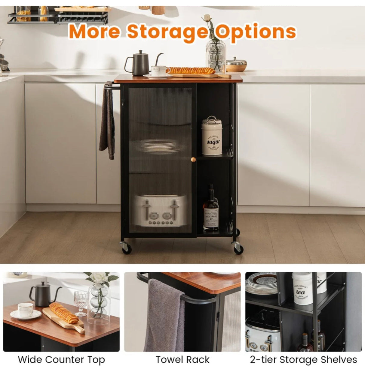 Kitchen Island on Wheels Utility Trolley Rolling Coffee Bar Cart Door & Shelves