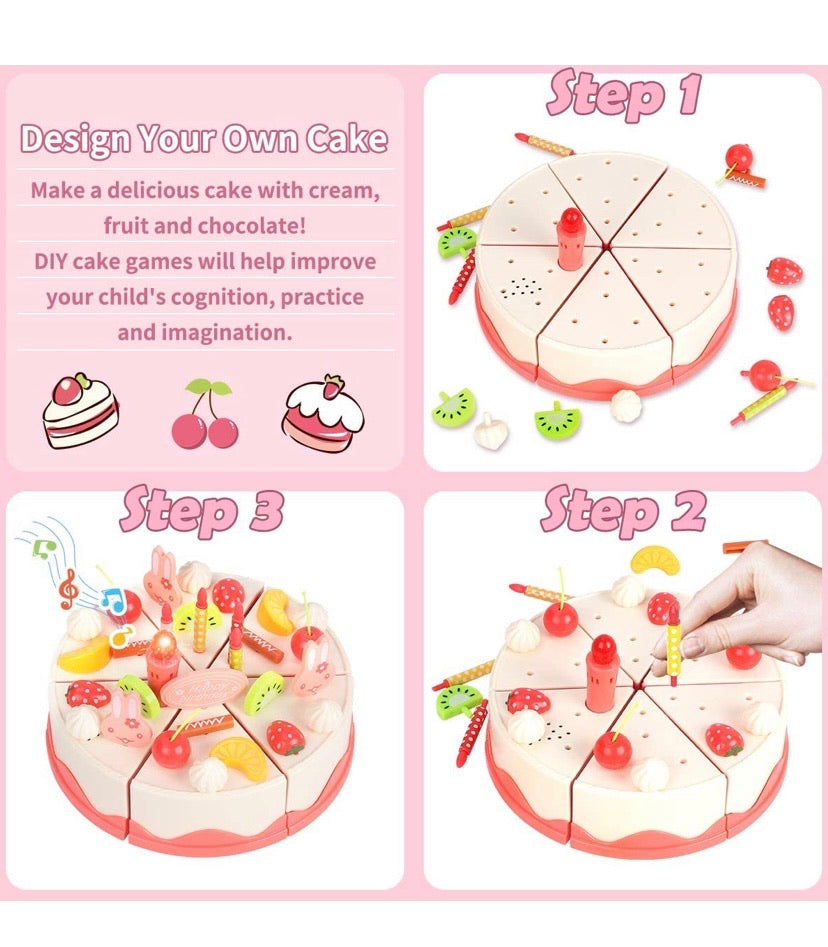 Pretend Play Food for Kids, DIY 82PCS Decorating and Cutting Birthday Party Cake, Tea Set,Candle,Fruits,Biscuits,Desserts,Educational Kitchen Toy with Lights&Sounds for Children,Girls&Boys,Aged 3+