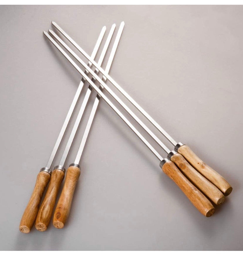17” Flat Blade Barbecue Shish Kebab Skewers Stainless Steel with Wooden Handle, Set of 6