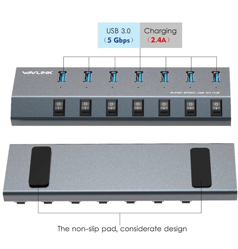 Aluminum BC 1.2 Charging 7 Ports USB 3.0 Hub,Charging Up to 5V/2.4A,Individual LED Power Switches with 48W Power Adapter for MacBook, iPad, PS4,Surface Pro, Mobile,Laptop, HDD and More