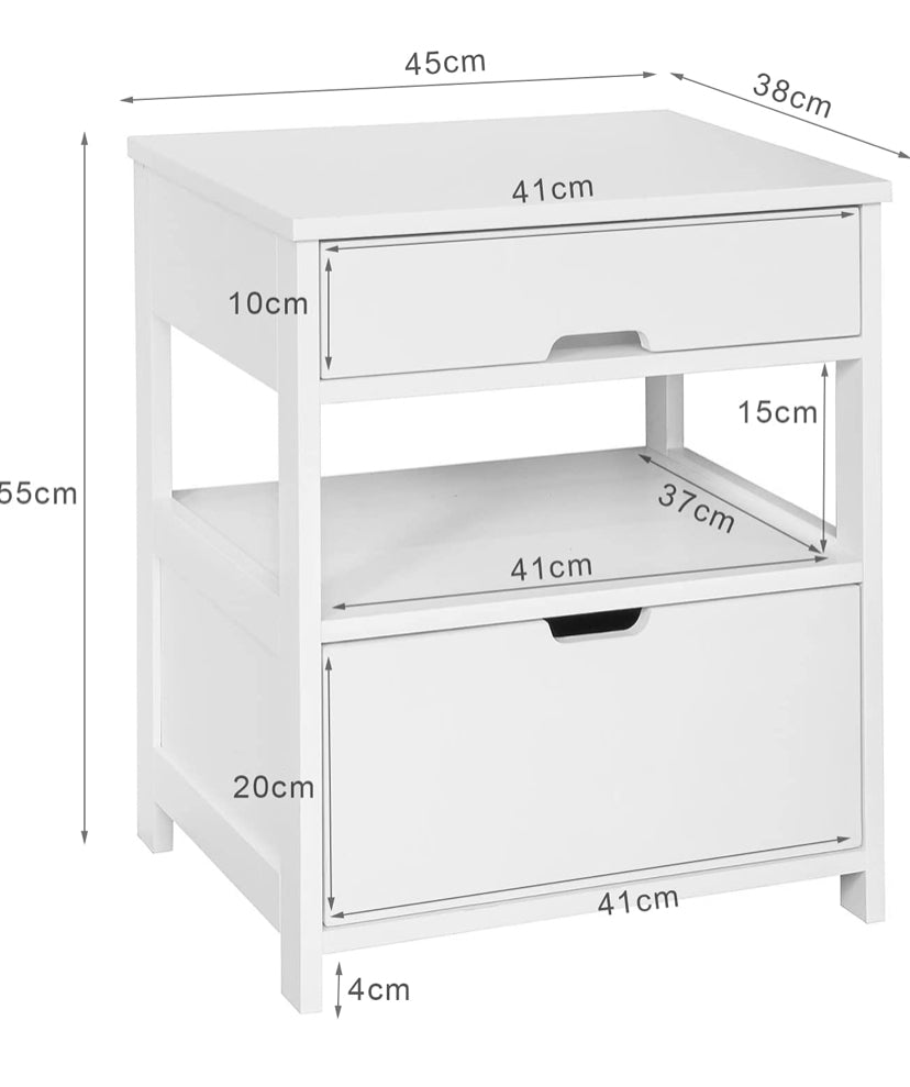 Bedside Table with 2 Drawers, Side Table, Lamp Table, Night Stand, End Table, White