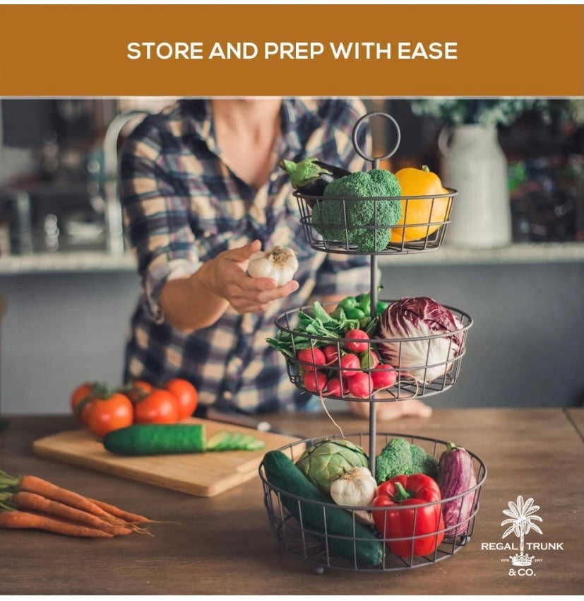 3 Tier Fruit Basket - Fresh Country Wire Basket by Regal Trunk & Co. | Three Tier Fruit Basket Stand for Storing & Organizing Vegetables, Eggs, and More | Fruit Basket for Counter or Hanging (3 Tier)
