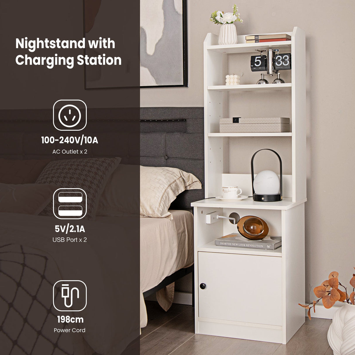 Nightstand Bedside End Side Table Bookshelf w/ Charging Station
