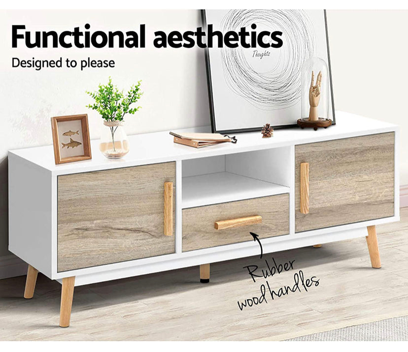 Artiss TV Unit 120cm Length Entertainment Unit Wooden TV Cabinet Scandinavian Console Table, White & Wood