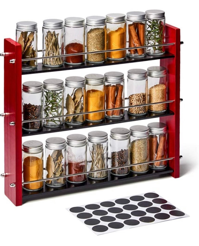 Wood Spice Rack with 21 Empty Jars and Labels, 3 Tier Freestanding Organizer Shelf Display Stand with Rails for Countertop, Cabinet, Kitchen, Pantry - Red and Black