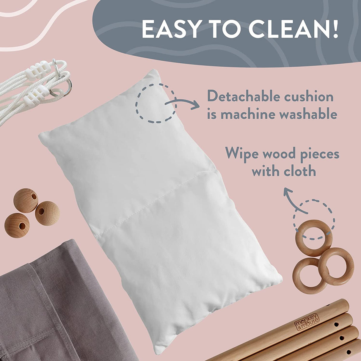 Monkey & Mouse Secure Canvas and Wooden Hanging Swing Seat Chair with a Baby, Infant, Toddler, Kids Toys - Indoor and Outdoor Hammock, for Tree Swings or Backyard Outside Swing Set Use for Infants