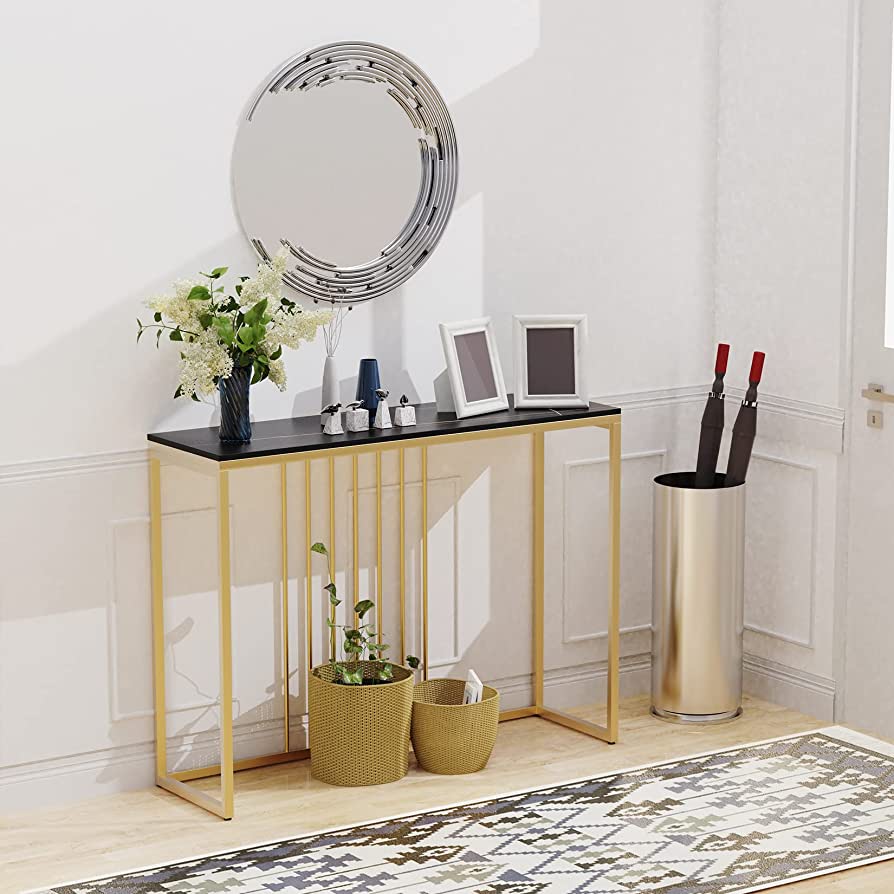 Luxury Marble Console Table Entryway Decorative Table Black Top & Gold Frame