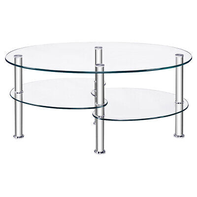 Oval Coffee Table 3-Tier Tempered Glass & Chrome Base Clear Living Room