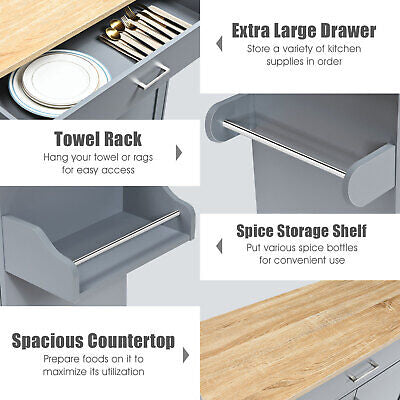 Rolling Kitchen Island Cart Storage Cabinet w/ Towel & Spice Rack Gray