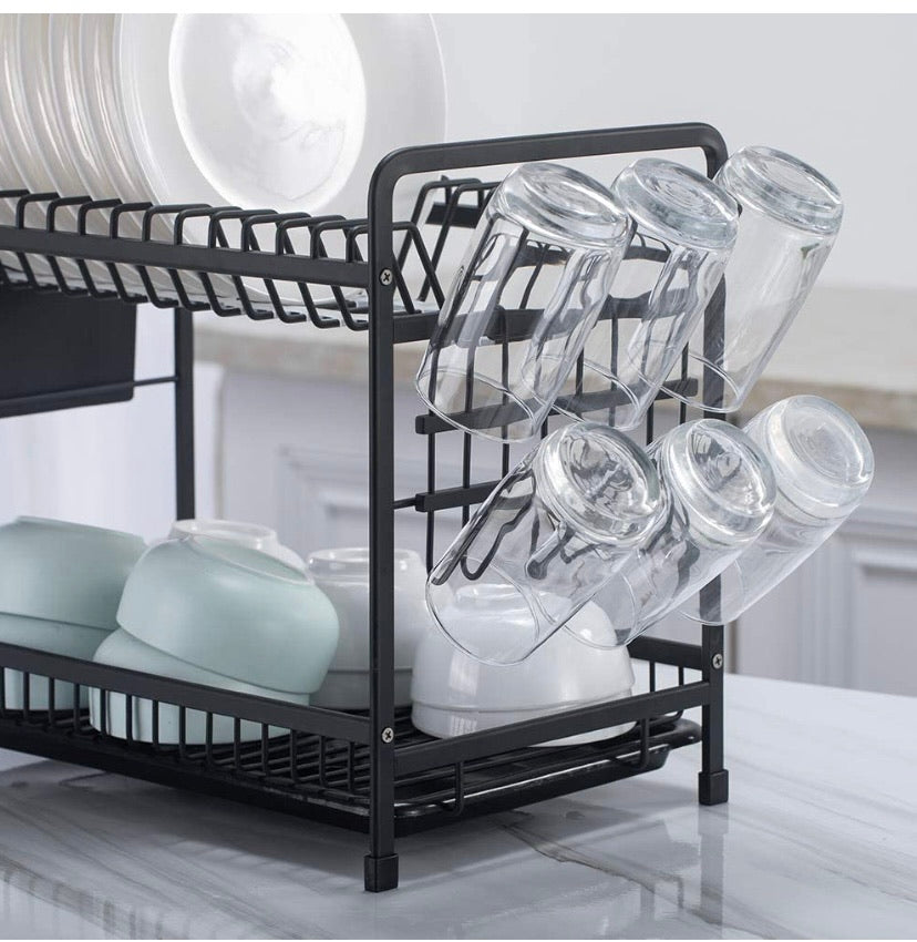 Counter Top Dish Rack Dish Storage Rack Kitchen Shelf Dish Drainer Alumimum 2-Tier Dish Holder Cup Holder