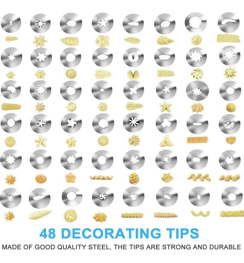 Piping Nozzles Silicone Piping Bag Set, 50pcs Cake Decorating Tool, 48 Stainless Steel Piping Nozzles Kits with 1 Reusable Piping Bag, 1 Coupler for DIY Cake Decorating
