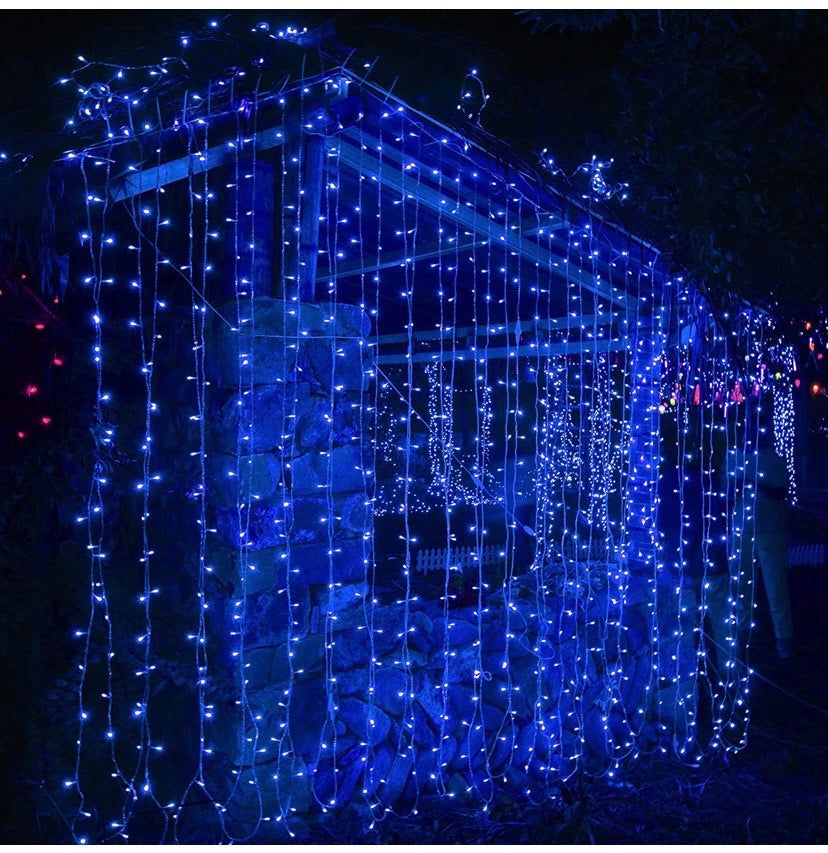 304 LED Curtain String Lights, 9.8 x 9.8 ft, 8 Modes Plug in Fairy String Light with Remote Control, Christmas, Backdrop for Indoor Outdoor Bedroom Window Wedding Party Decoration, Blue.