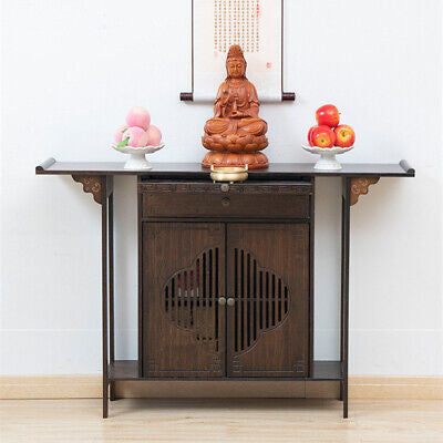Bamboo Console Table Chinese Style Vintage Porch Table w/ Cabinet Hallway Table