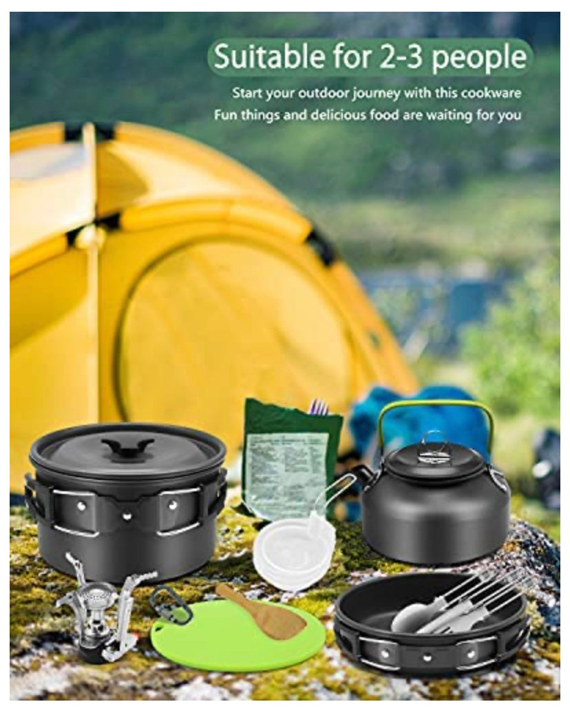 16pcs Camping Cookware Kit, Outdoor Cooking Set with Kettle, Lightweight Camping Pot and Pan for 2 to 3 People Camping, Hiking,Picnic