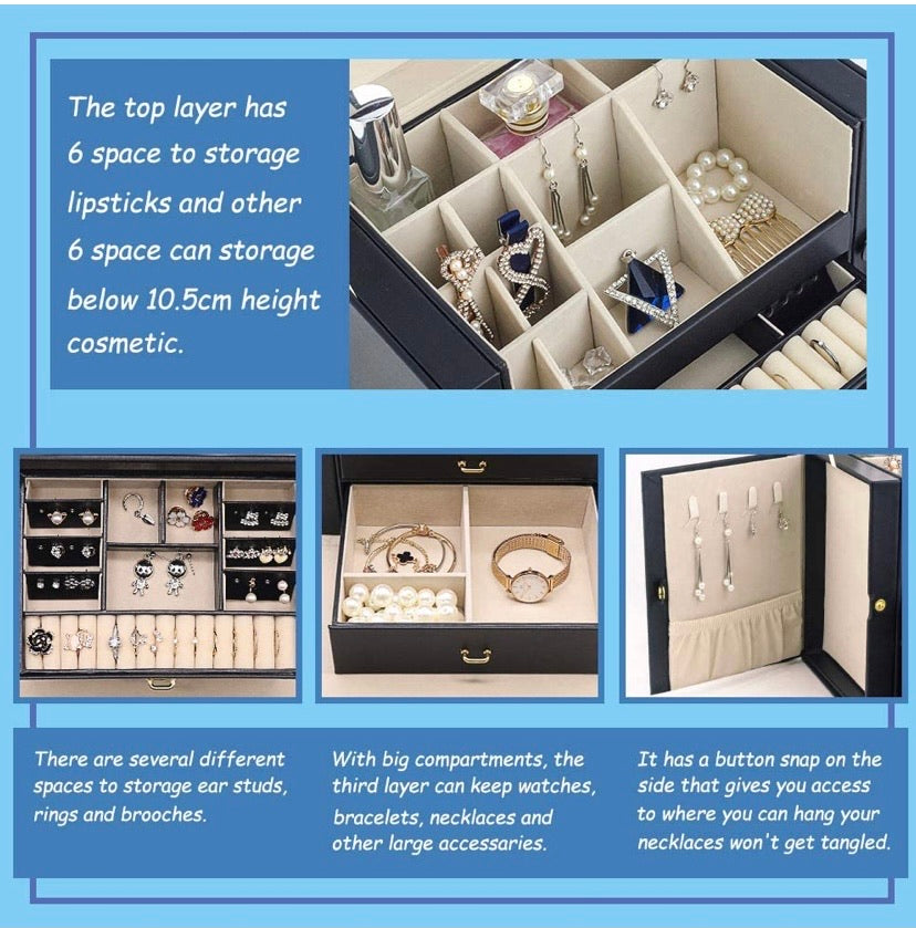 Jewelry Box, 3 Layers Jewelry Organizer with Mirror and Small Portable Case for Earrings Rings Necklaces Bracelet Storage (Black)