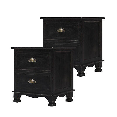 2x LaBella Bedside Table 2 Drawer Vintage Side Storage Cabinet Bedroom BLACK