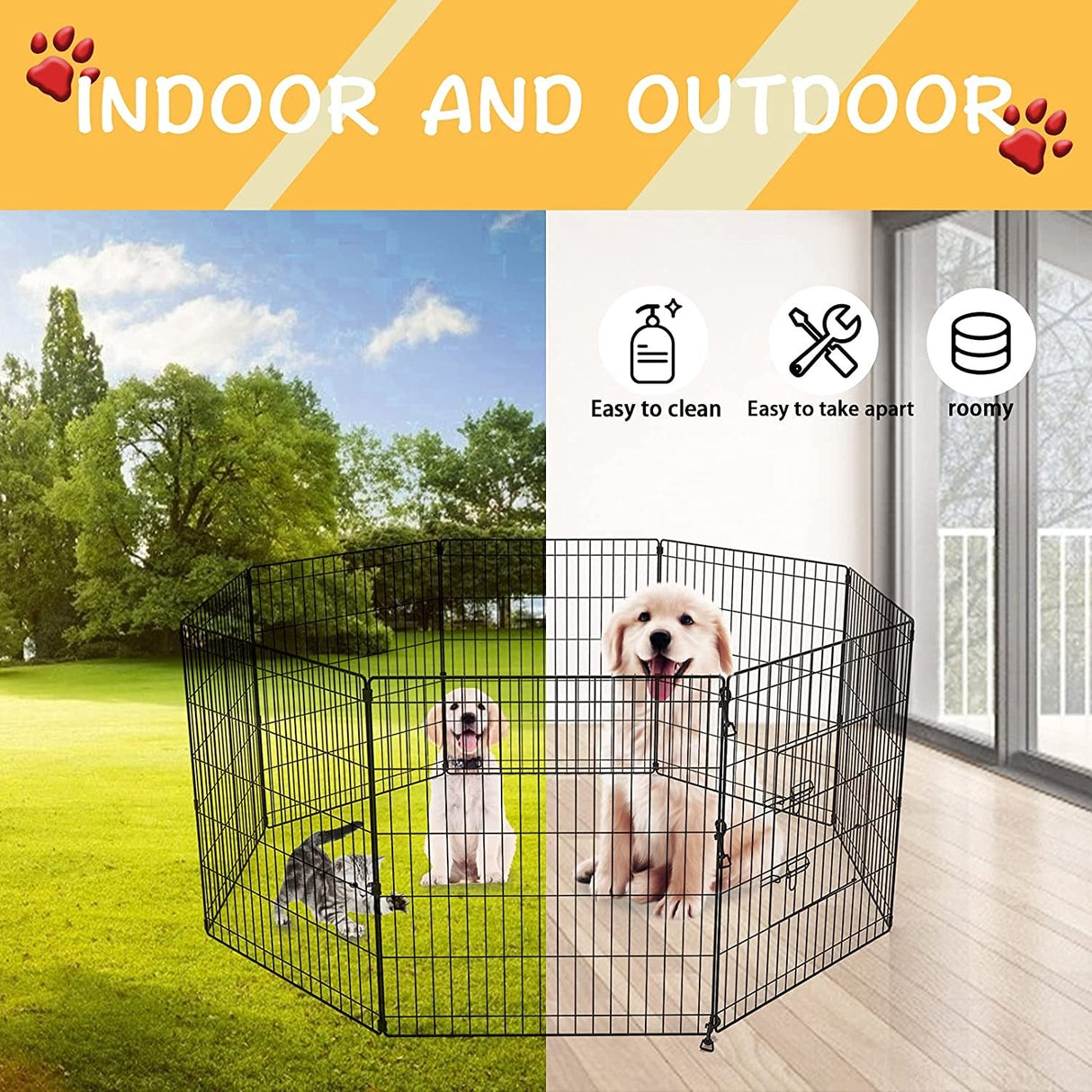 42" Pet Playpen Dog Dence Exercise Pen, 8 Panel Pet Dog Playpen Puppy Enclosure Fence Play Pen, Indoor/Outdoor Foldable Metal Fitness Pen (Black, 107x61cm x8)