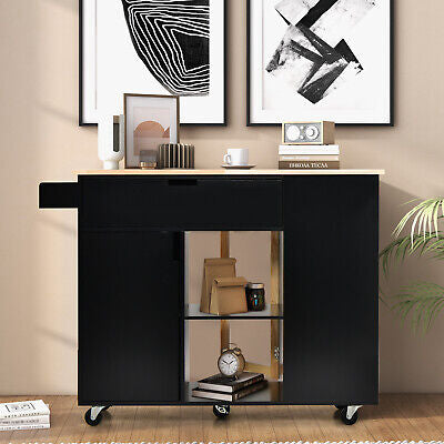 Black Drop-Leaf Rolling Kitchen Island with Cabinet