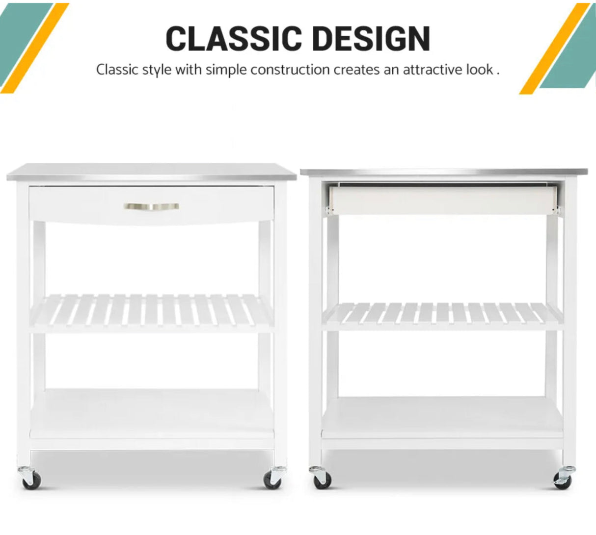 Kitchen Trolley Cart Island Stainless Steel Countertop Locking Wheels White