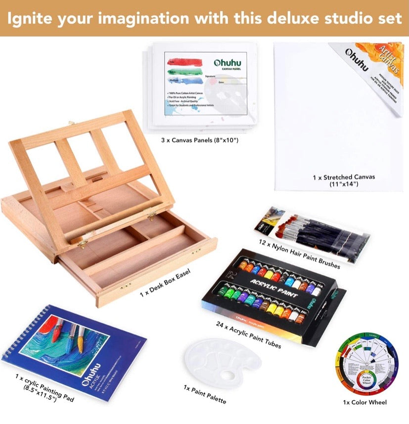 Acrylic Painting Set, 44pcs Ohuhu Artist Set with Wood Table-Top Easel Box, Art Painting Brushes, Acrylic Paint Tubes, and Acrylic Painting Pads for Artist Students Beginners