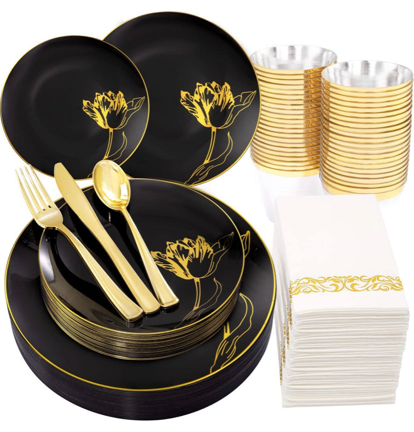 175PCS Black Plastic Plates & Gold Plastic Silverware