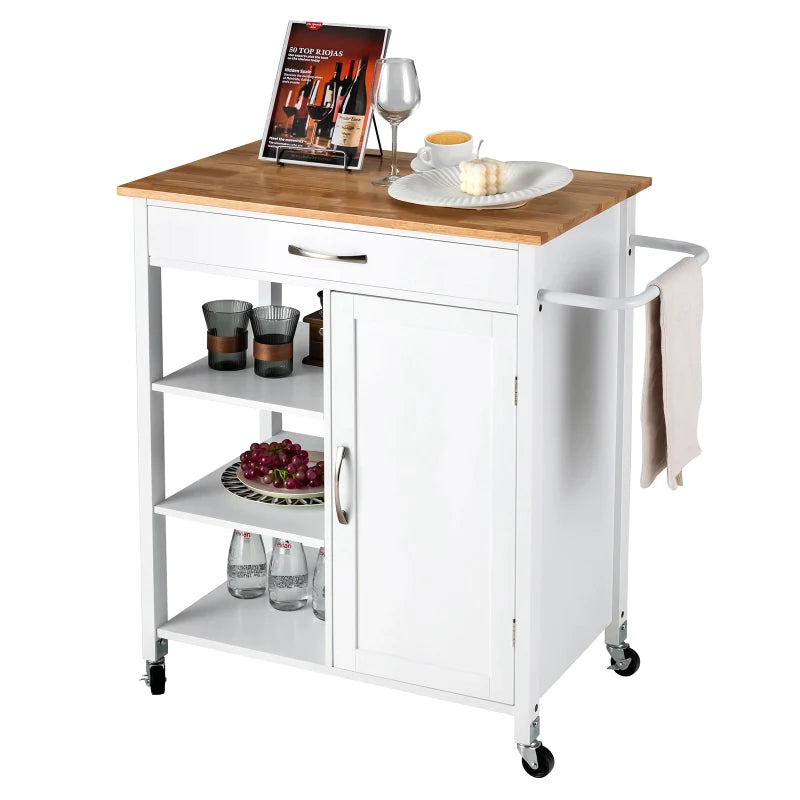Kitchen Island Trolley Mobile Kitchen Storage Cabinet w/Rubber Wood Top & 3-Tier Open Shelf Serving Cart, White