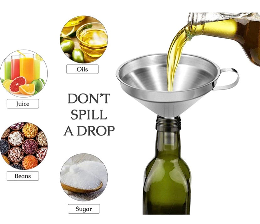 Funnels For Kitchen | 3pc Stainless Steel Kitchen Funnel Set Plus Detachable Strainer | Great for Transferring of Liquid and Dry Ingredients | Durable and Dishwasher Safe | Premium 304 Stainless Steel - Thick and Strong - Will Not Rust