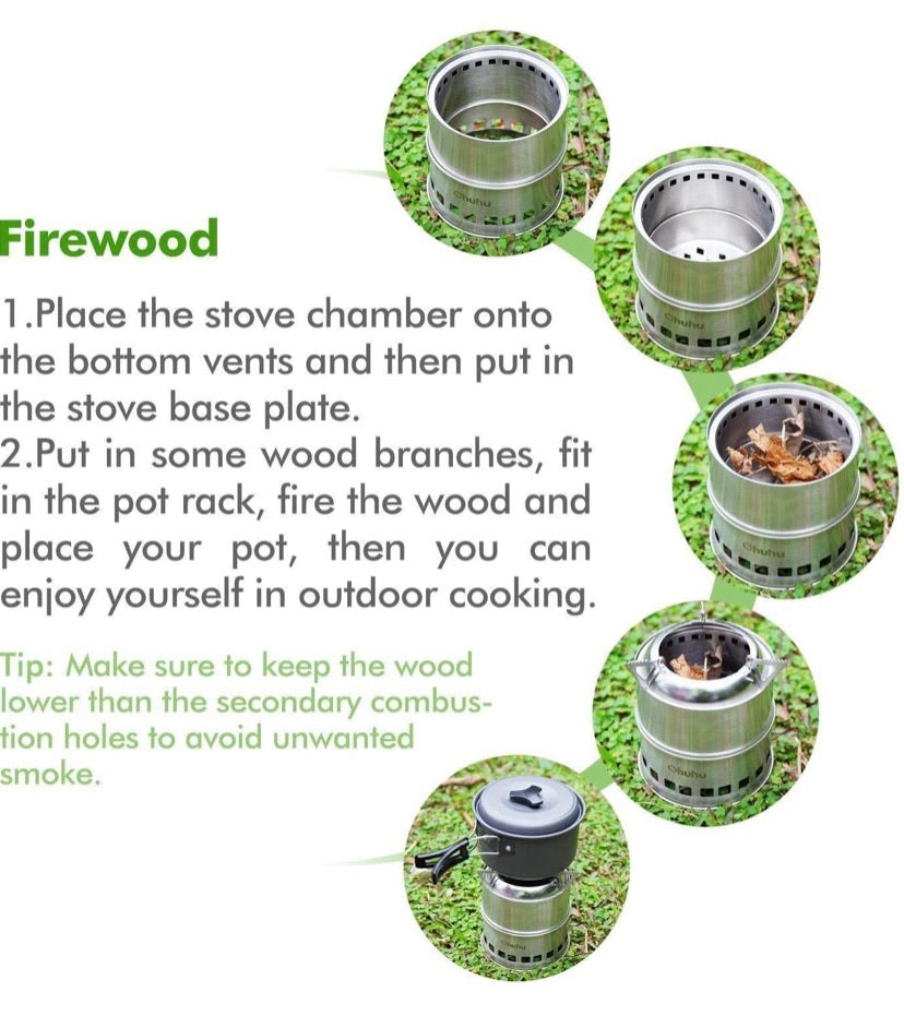 Camping Stove Backpacking Burner Stove - Potable Stainless Steel Wood Burning Stove Picnic BBQ Camping Cooker with Grill Grid