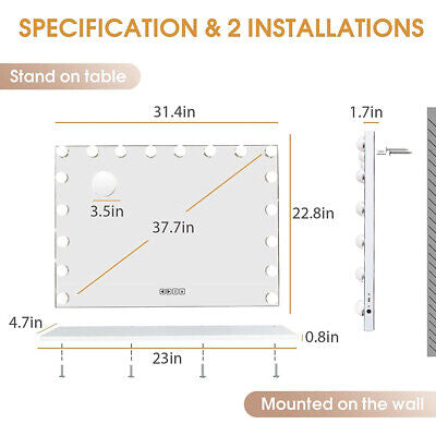 Vanity Smart Mirror with Lights Bluetooth Speaker USB Power Charging Large Hollywood Lighted Mirror with 18 Dimming LED Bulbs for Tabletop/Wall-Mounted