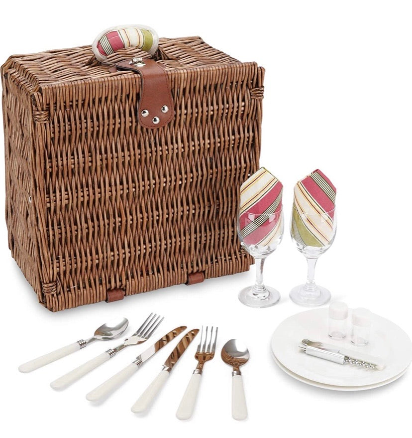 Picnic Basket for 2 Person, Durable Wicker Picnic Hamper Set, Willow Picnic Basket Accessories Plates and Utensils, Perfect Wedding, Anniversary or Birthday Gift (Green Stripe)