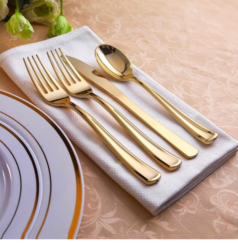 200 Pieces Disposable Dinnerware Set Include Gold Plastic Plates, Gold Plastic Silverware, Gold Plastic Cups, Linen Like Paper Napkins, Service for 25 Guests, Enjoylife (Gold)