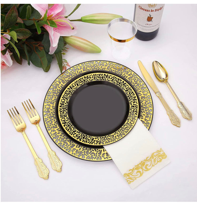 180pcs Black and Gold Plastic Plates with Gold Plastic Silverware