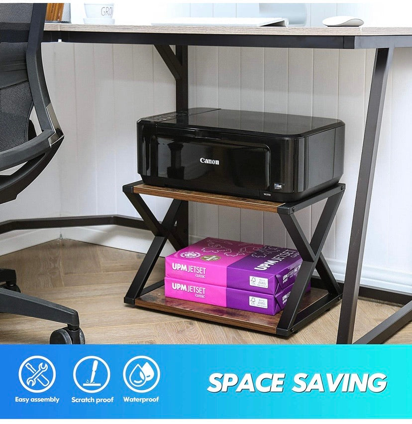 Desktop Printer Stand 2 Tiers Desk Organizer Storage Wood X-Shaped Book Shelf with Skid Pads for Home Office & School