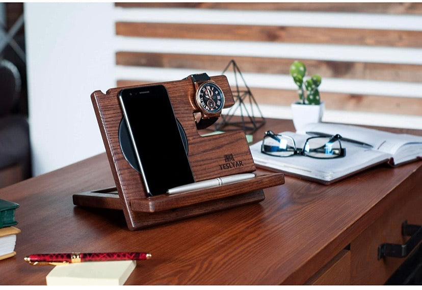 Wood Phone Docking Station Ash Key Holder Wallet Stand Watch Organizer Men Gift Husband Wireless Charging Pad Slim Birthday Nightstand Purse Tablet Compatible with iPhone Samsung Plus All Qi Devices