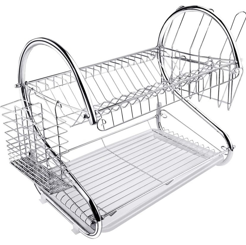 Dish Drying Rack Kitchen-2-Tier Cutlery Metal Draining Dish Drying Rack, with Drain Board