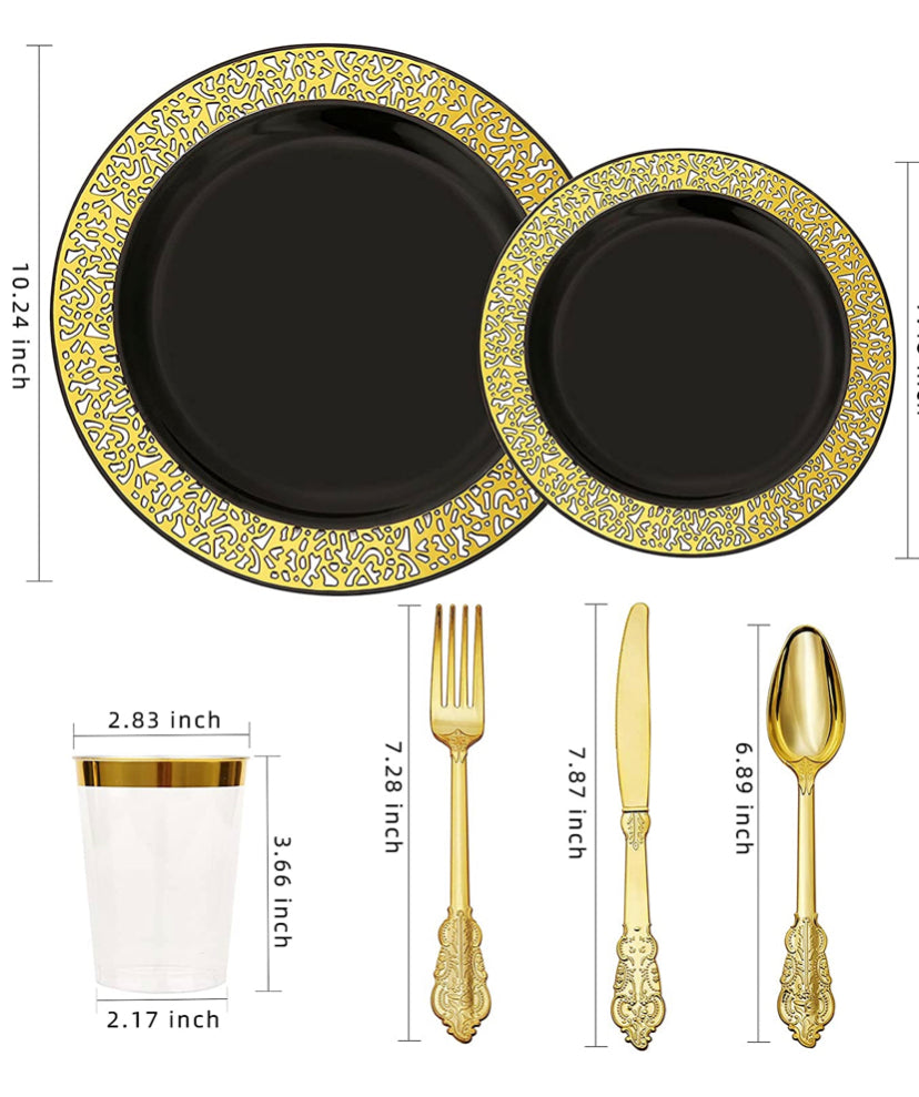180pcs Black and Gold Plastic Plates with Gold Plastic Silverware