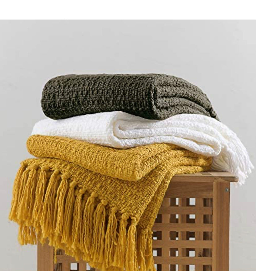 Thick Chunky Olive Knitted Throw Blanket for Couch Chair Sofa Bed, Chic Boho Style Textured Basket Weave Pattern Blanket with Decorative Fringe, 50"X60"