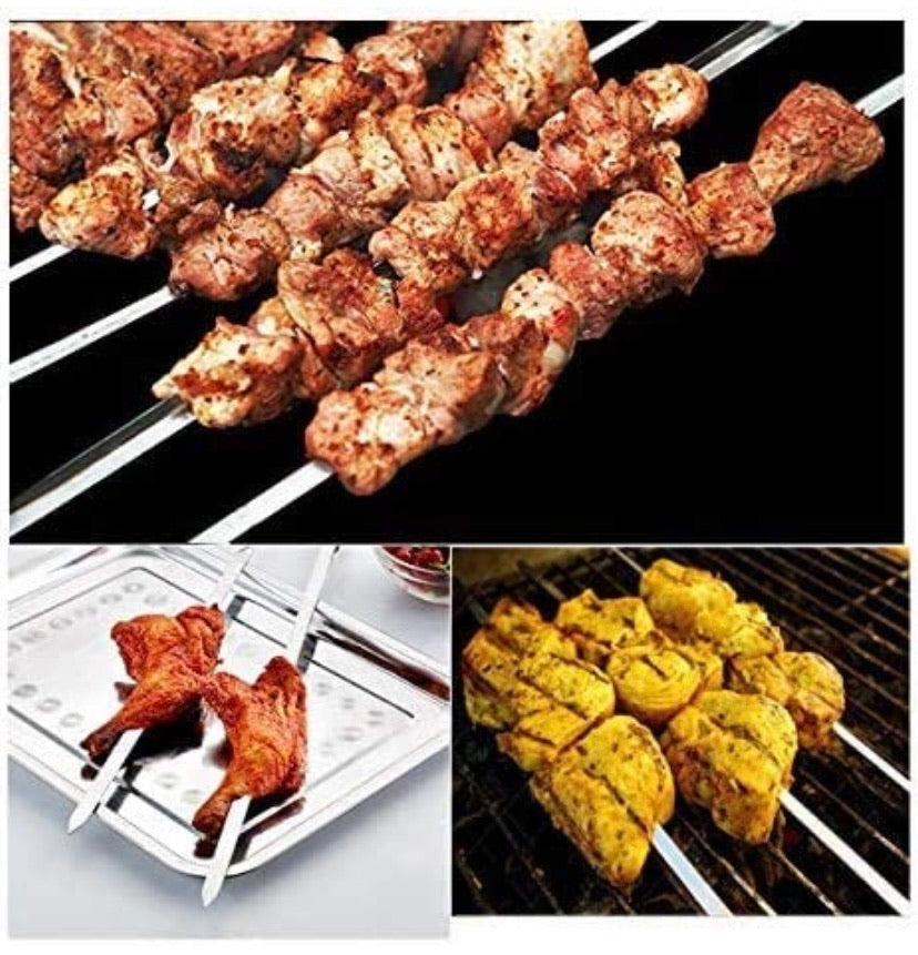 17” Flat Blade Barbecue Shish Kebab Skewers Stainless Steel with Wooden Handle, Set of 6