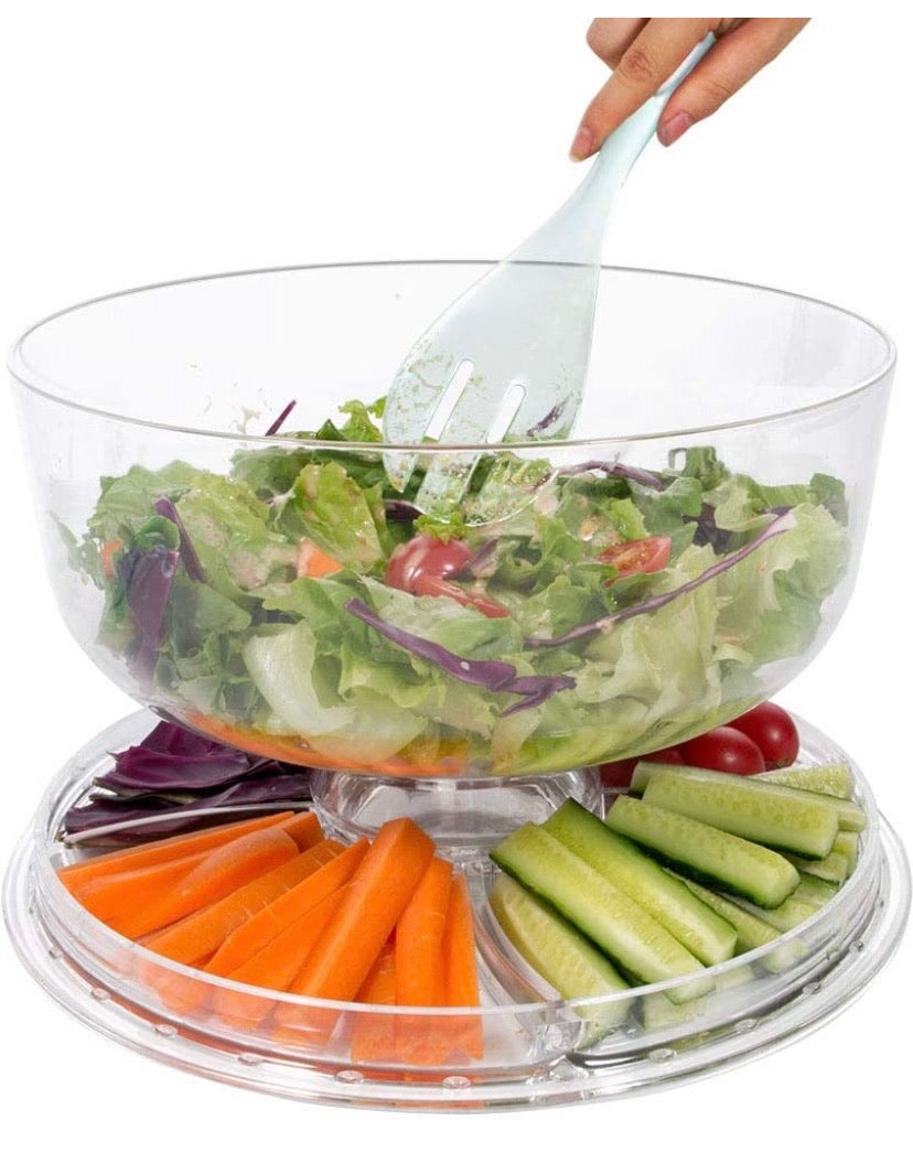 Cake Stand 6-in-1 Multifunctional Serving Platter with Domed Cover and 2Pcs Spoons - Use as Salad Bowl/Veggie Platter/Punch Bowl/Desert Platter/Nachos & Salsa Plate