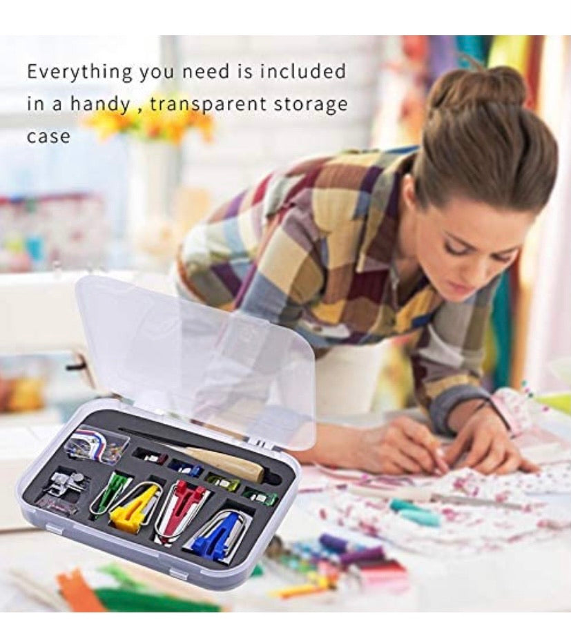 Fabric Bias Tape Maker Kit for Sewing Quilting Awl and Adjustable Binder Foot w/Case (Set of 16)