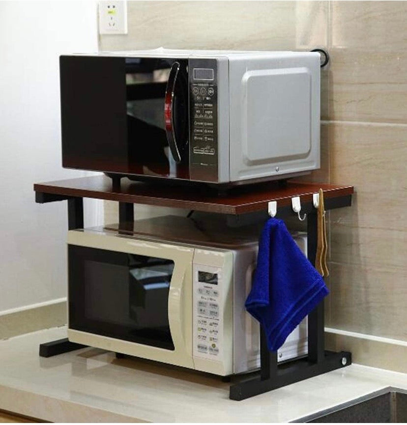 2 Tier Microwave Oven Rack Tableware Storage Toaster Oven Shelf Kitchen Counter Storage Bracket Kitchen Shelf Cabinet Organisers Spice Holder Pan Rack with 6 Hooks(Black)