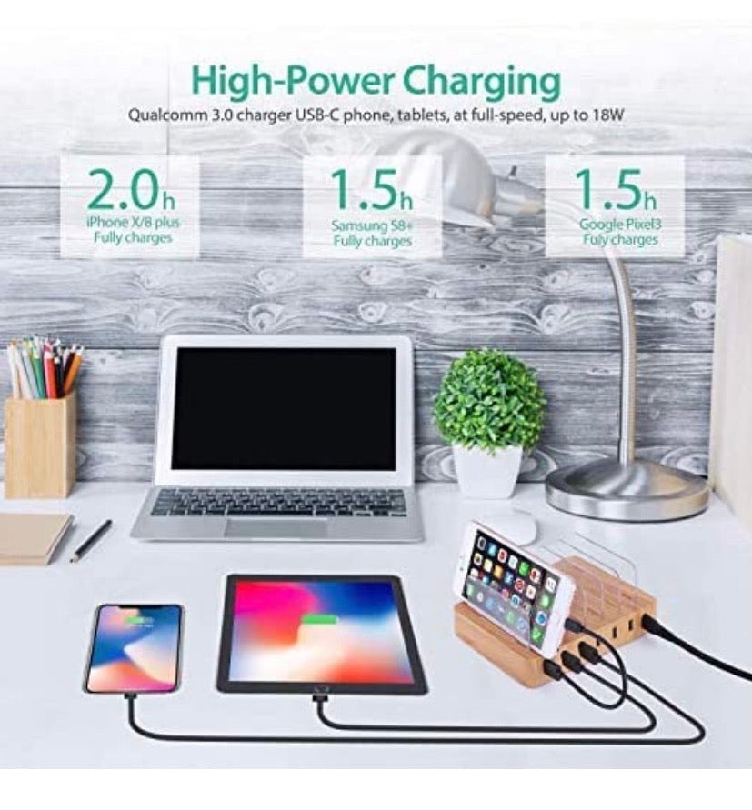 QC 3.0 Charging Station,AIZBO 60W 12A 6 Port Docking Stations & Desk Organizer with Quick Charge 3.0 & 5 Port USB Charger & Removable Watch Holder fit Multiple Devices iPhone/Iwatch/Tablet/Samsung Galaxy/LG and More