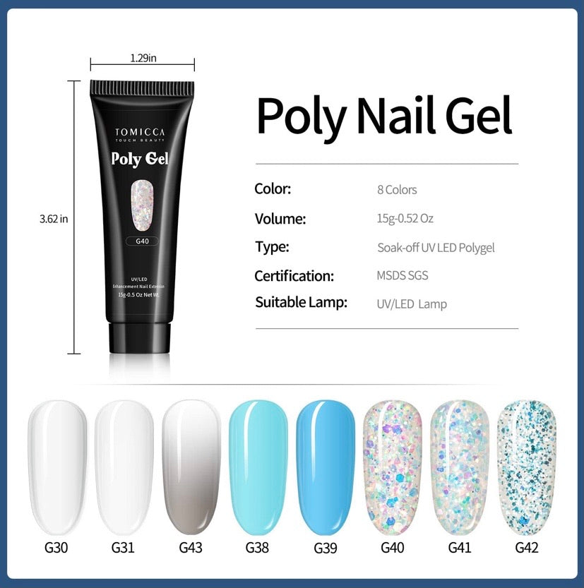 Poly UV Gel Nail Kit Nail Extension UV Builder Gel 8 Colours with Base Coat Top Coat, Slip Solution Pen (002)
